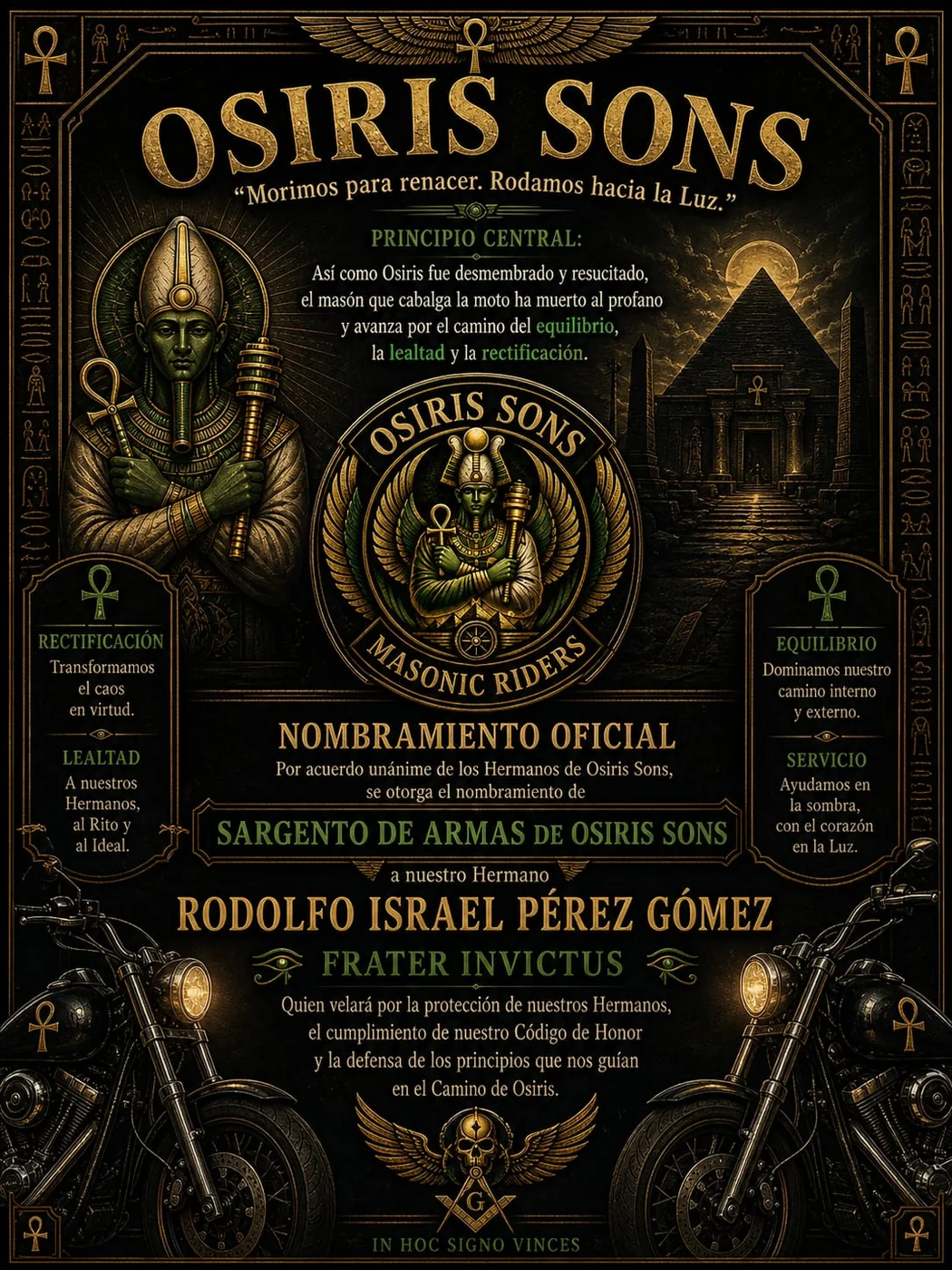 Certificado de nombramiento del Sargento de Armas, Osiris Sons Masonic Riders