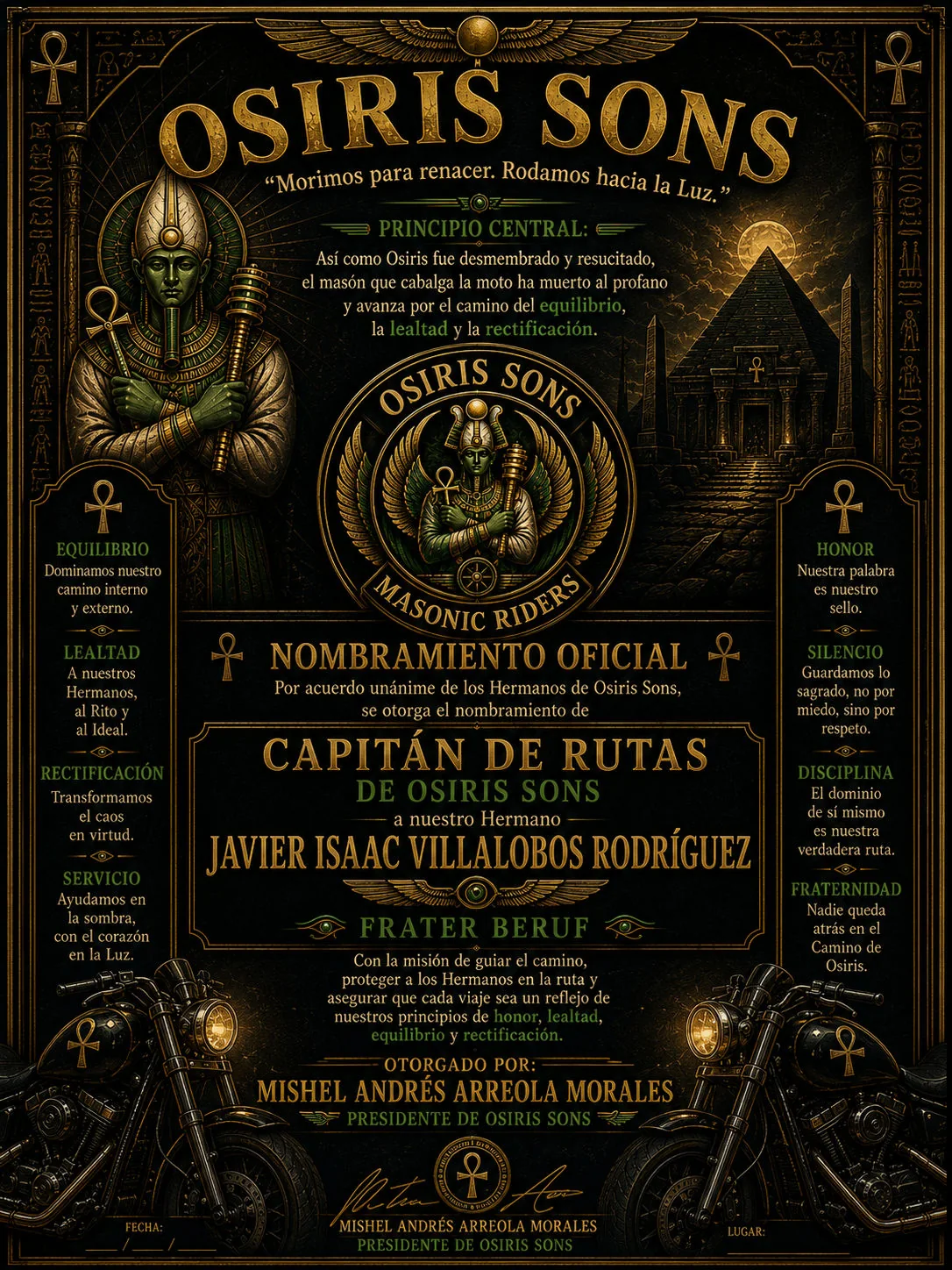 Certificado de nombramiento del Capitán de Rutas, Osiris Sons Masonic Riders